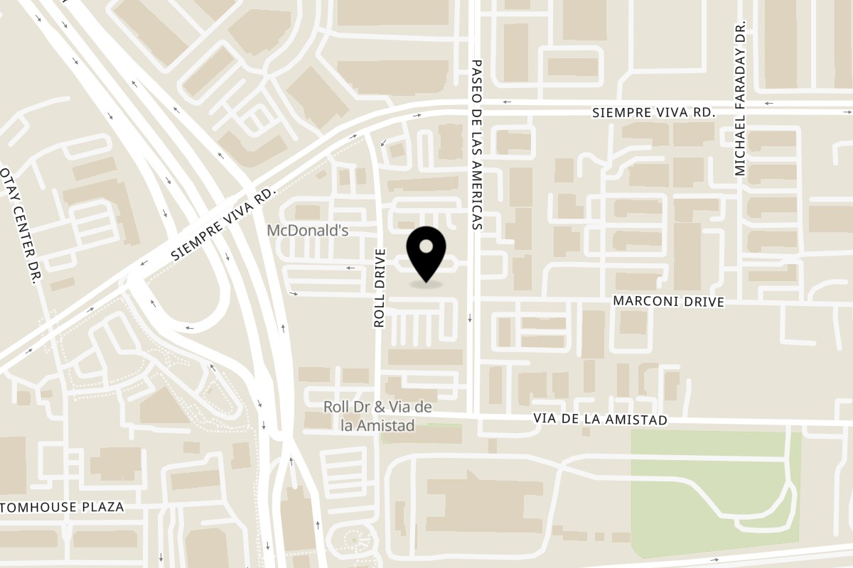 Map showing the location of Viva Pizza on 2368 Roll Dr Suite 103 in San Diego